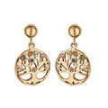 Boucles d'oreille sur Artemare : Boucles d'oreille pendantes en plaqu&eacute; or pastille arbre de vie avec pierres multi couleurs suspendue et fermoir poussette