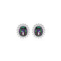 Boucles d'oreille en argent rhodi&eacute; avec oxyde oval mystique arc en ciel et contour dentelle oxydes blancs et fermoir poussette Artemare