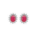 Boucles d'oreille en argent rhodi&eacute; fleur de Rubis v&eacute;ritable contour Topazes blanches serties et fermoir poussette Artemare