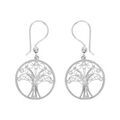 Boucles d'oreille sur Artemare : Boucles d'oreille en argent rhodi&eacute; cercle suspendu avec arbre de vie en filigrane et oxydes blancs sertis fermoir crochet