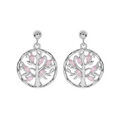 Boucles d'oreille en argent rhodi&eacute; cercle suspendu motif arbre de vie avec oxydes rose clair et fermoir poussette
