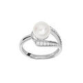 Bague en argent rhodi&eacute; Perle de culture d'eau douce blanche entour&eacute;e d'oxydes blancs sertis Artemare
