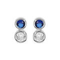 Boucles d'oreille en argent rhodi&eacute; oxydes blanc et bleu fonc&eacute; sertis clos et fermoir poussette