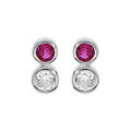 Boucles d'oreille en argent rhodi&eacute; oxydes blanc et fuschia sertis clos et fermoir poussette Artemare