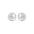 Boucles d'oreille en argent rhodi&eacute; cercle motif fleur et oxyde blanc et fermoir poussette
