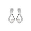 Boucles d'oreille en argent rhodi&eacute; motif infini pav&eacute; d'oxydes blancs et Perle de culture d'eau douce blanche 5mm et fermoir poussette