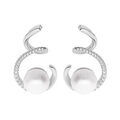 Boucles d'oreille en argent rhodi&eacute; spirale avec Perle de culture d'eau douce blanche 8mm et oxydes blancs sertis et fermoir poussette Artemare