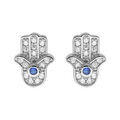 Boucles d'oreille en argent rhodi&eacute; main de Fatma pav&eacute;e d'oxydes blancs et bleu sertis et fermoir poussette Artemare