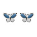 Boucles d'oreille en argent rhodi&eacute; papillon bleu et blanc et fermoir poussette Artemare