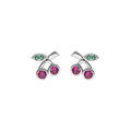 Boucles d'oreille en argent rhodi&eacute; cerise avec oxydes rose et vert et fermoir poussette