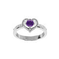 Bague en argent rhodi&eacute; avec coeur Amethyste v&eacute;ritable et oxydes blancs sertis