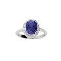 Bague en argent rhodi&eacute; pierre centrale bleue et contour oxydes blancs sertis