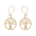 Boucles d'oreille en plaqu&eacute; or cercle avec arbre de vie filigrane suspendu et oxydes blancs sertis et fermoir crochet