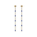 Boucles d'oreille en argent et dorure jaune cha&icirc;nette avec perles bleu fonc&eacute; et fermoir poussette