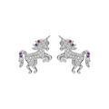 Boucles d'oreille sur Artemare : Boucles d'oreille en argent rhodi&eacute; licorne pav&eacute;e d'oxydes multi couleurs et fermoir poussette