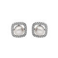 Boucles d'oreille en argent rhodi&eacute; carr&eacute; 10x10mm oxydes blancs avec Perle de culture d'eau douce blanche et fermoir poussette Artemare