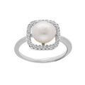 Bague en argent rhodi&eacute; carr&eacute; oxydes blancs avec Perle de culture d'eau douce blanche Artemare