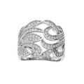Bague en argent rhodi&eacute; large avec courbes et feuillage pav&eacute;s d'oxydes blancs sertis