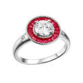 Bague en argent rhodi&eacute; ronde centre oxyde blanc et contour oxydes rectangulaires rouges Artemare