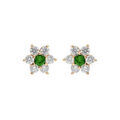 Boucles d'oreille tige en plaqu&eacute; or marguerite oxydes centre vert et contour blancs sertis et fermoir poussette Artemare