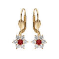 Boucles d'oreille dormeuse en plaqu&eacute; or marguerite oxydes centre rouge fonc&eacute; et contour blancs sertis