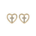 Boucles d'oreille en plaqu&eacute; or coeur avec croix oxydes blancs sertis et fermoir poussette