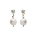 Boucles d'oreille en plaqu&eacute; or oxyde blancs serti et pampille Perle de culture d'eau douce fermoir poussette Artemare