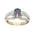 Bague en plaqu&eacute; or avec oxyde central mystique arc en ciel et 3 rails oxydes blancs sertis