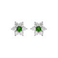 Boucles d'oreille tige en argent rhodi&eacute; marguerite oxydes centre vert et contour blancs sertis