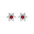 Boucles d'oreille tige en argent rhodi&eacute; marguerite oxydes centre rouge et contour blancs sertis Artemare