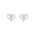 Boucles d'oreille en argent platin&eacute; coeur avec oxyde rose et fermoir poussette Artemare