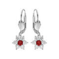 Boucles d'oreille fermoir dormeuse en argent rhodi&eacute; marguerite oxydes centre rouge et contour blancs sertis