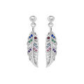Boucles d'oreille en argent rhodi&eacute; pendante avec plume et oxydes multi couleurs et fermoir poussette Artemare