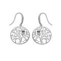 Boucles d'oreille en argent rhodi&eacute; anneau suspendu avec arbre de vie et hibou - chouette empierr&eacute; et fermoir crochet Artemare