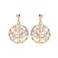 Boucles d'oreille en plaqu&eacute; or arbre de vie avec oxydes roses et fermoir poussette