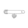 Broche en argent rhodi&eacute; massif motif &eacute;pingle &agrave; nourrice avec pampille coeur
