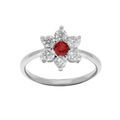 Bague en argent rhodi&eacute; marguerite avec oxyde au centre rouge et contour blancs sertis
