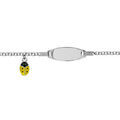 Gourmettes sur Artemare : Gourmette pour b&eacute;b&eacute; en argent rhodi&eacute; maille ronde et plaque ovale avec pampille coccinelle jaune 13+2cm