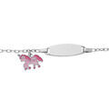 Gourmettes sur Artemare : Gourmette enfant en argent rhodi&eacute; avec plaque ovale et pampille licorne rose 13+2cm