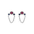 Boucles d'oreille en argent rhodi&eacute; 1 oxyde fushia et 2 bleus fonc&eacute; sertis et cha&icirc;nette avec fermoir poussette