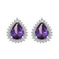 Boucles d'oreille en argent rhodi&eacute; Am&eacute;thyste v&eacute;ritable forme goutte 8x6 contour Topazes blanches serties et fermoir poussette Artemare