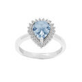 Bague en argent rhodi&eacute; saphir v&eacute;ritable, forme goutte 8x6 avec contour Topazes blanches sertis Artemare