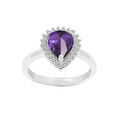 Bague en argent rhodi&eacute; Am&eacute;thyste v&eacute;ritable forme goutte 8x6 avec contour Topazes blanches serties