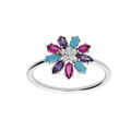 Bague en argent rhodi&eacute; avec fleur oxydes multi couleurs