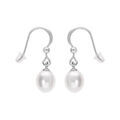 Boucles d'oreille en argent rhodi&eacute; avec Perle de culture d'eau douce goutte blanche 8mm suspendue et fermoir crochet Artemare