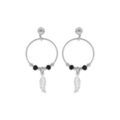 Boucles d'oreille en argent rhodi&eacute; anneau suspendu 15mm avec boules lisses et noires pampille plume fermoir poussette Artemare