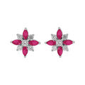 Boucles d'oreille en argent rhodi&eacute; fleur oxydes blancs et fushia sertis avec fermoir poussette