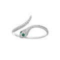 Bague en argent rhodi&eacute; serpent avec oxydes blancs et verts sertis