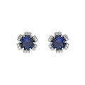 Boucles d'oreille en argent rhodi&eacute; forme fleur avec oxydes couleur bleu fonc&eacute; et blancs sertis fermoir poussette