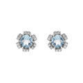 Boucles d'oreille en argent rhodi&eacute; forme fleur avec oxydes couleur bleu ciel et blancs sertis fermoir poussette